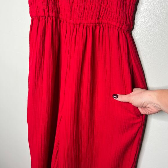 Quince Women's Organic Cotton Gauze Smocked Wide Leg Jumpsuit Cherry Red Sz S - Picture 5 of 11